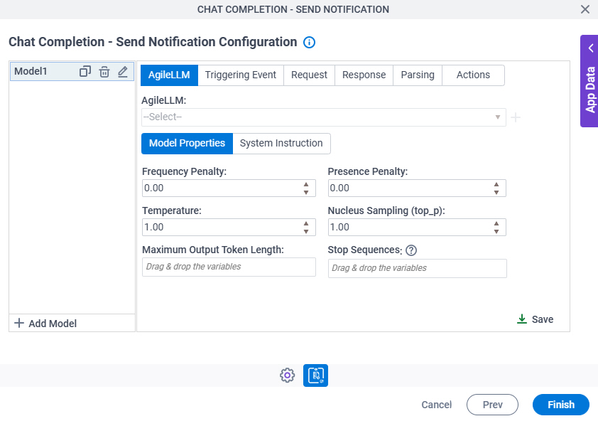 Chat Completion Send Notification Configuration AgileLLM Model Properties tab