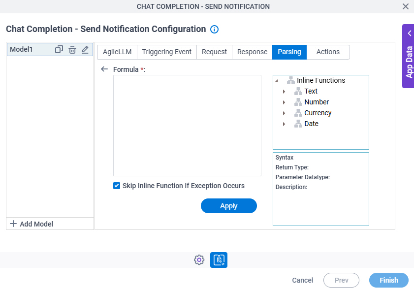 Chat Completion Send Notification Configuration Parsing Inline Function screen