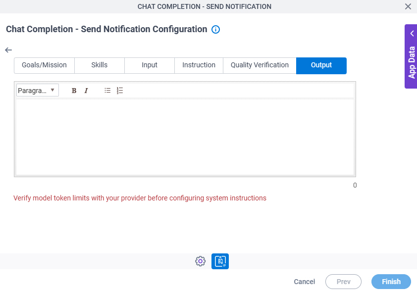 Chat Completion Send Notification Configuration System Instruction Output tab