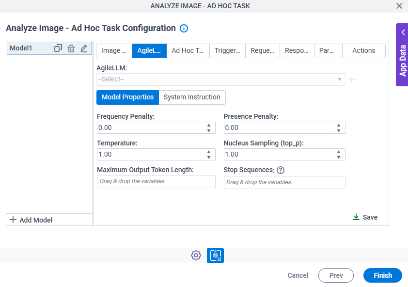 Analyze Image Ad Hoc Task Configuration AgileLLM Model Properties tab
