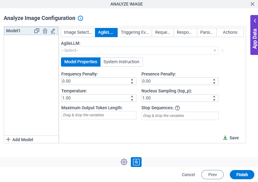 Analyze Image Configuration AgileLLM Model Properties tab