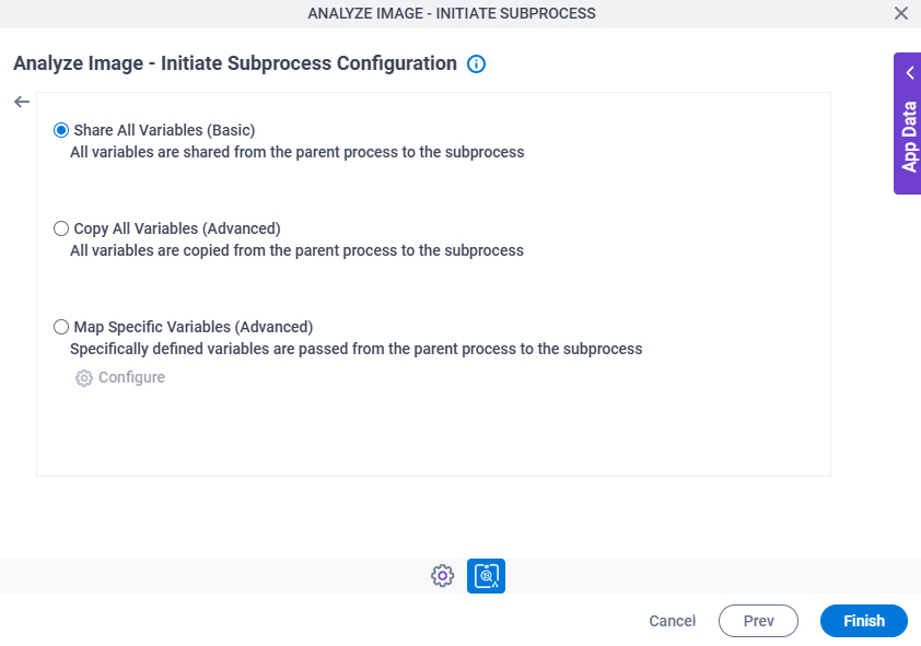 Analyze Image Initiate Subprocess Configuration Actions tab Mapping Variables screen