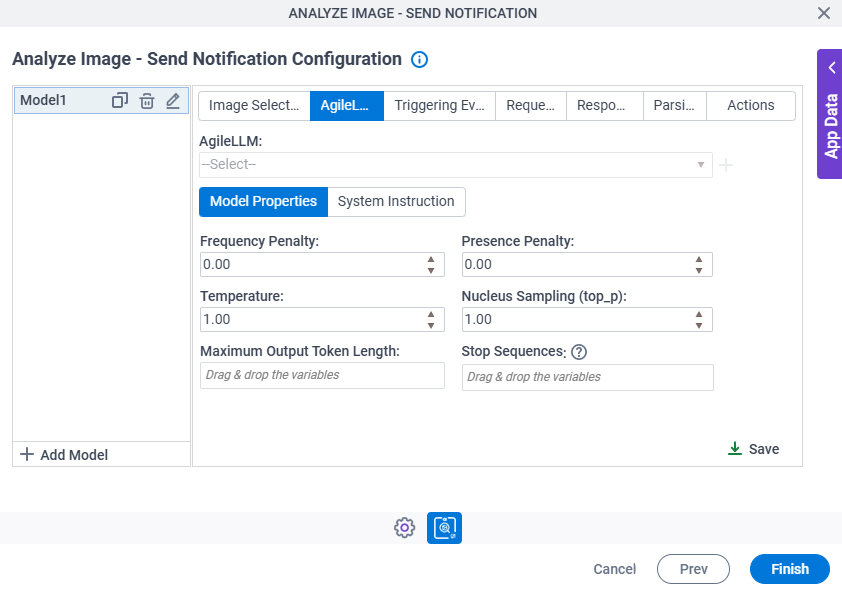 Analyze Image Send Notification Configuration AgileLLM Model Properties tab