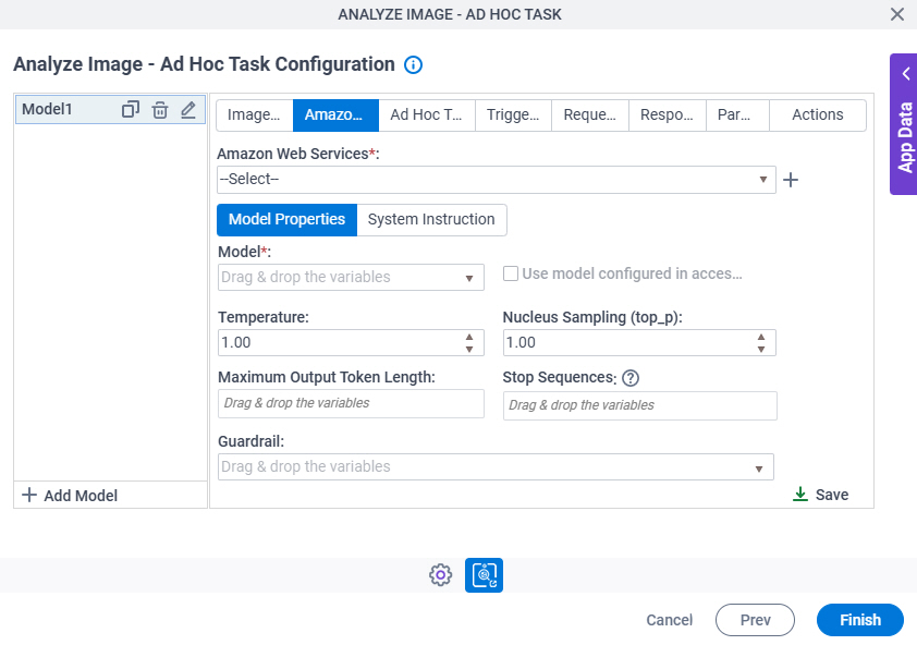 Analyze Image Ad Hoc Task Configuration Amazon Web Services Model Properties tab