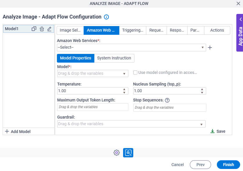 Analyze Image - Adapt Flow Configuration Amazon Web Services Model Properties tab