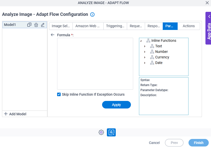 Analyze Image Adapt Flow Configuration Parsing Inline Functions screen
