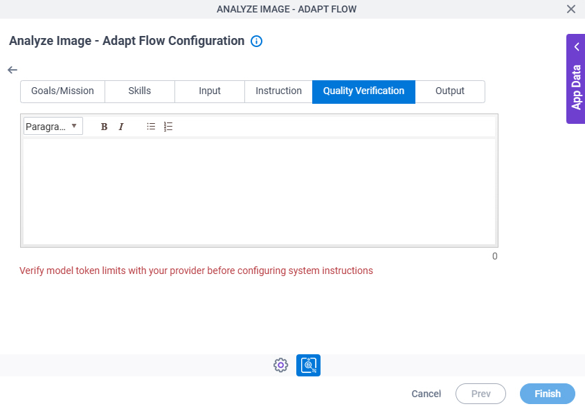 Analyze Image Adapt Flow Configuration System Instruction Quality Verification tab