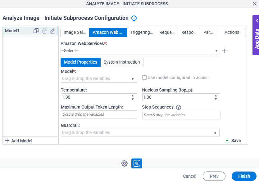 Analyze Image Initiate Subprocess Configuration Amazon Web Services Model Properties tab