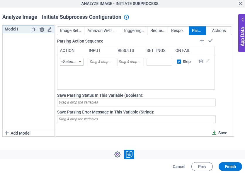 Analyze Image Initiate Subprocess Configuration Parsing tab