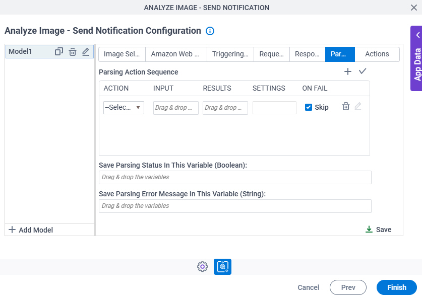 Analyze Image Send Notification Configuration Parsing tab