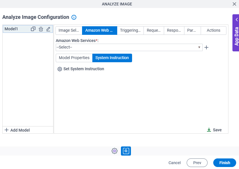 Analyze Image Configuration Amazon Web Services System Instruction tab