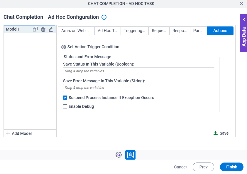 Chat Completion Ad Hoc Task Configuration Actions tab