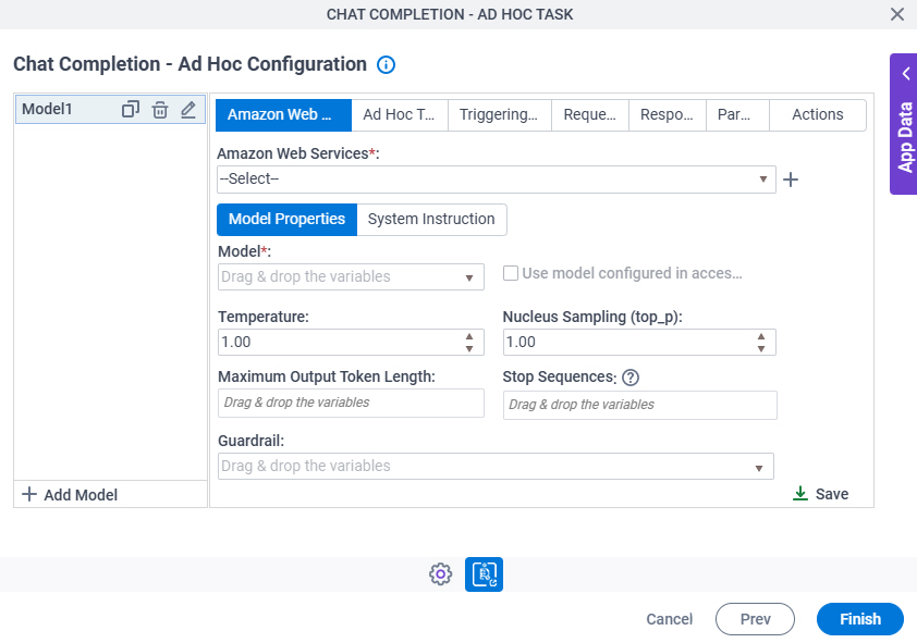 Chat Completion Ad Hoc Task Configuration AWS Bedrock Model Properties tab