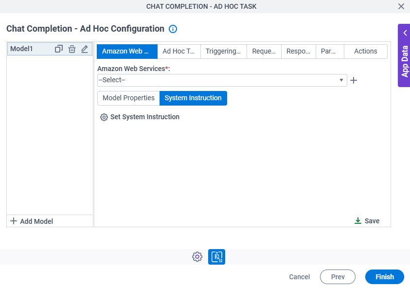 Chat Completion Ad Hoc Task Configuration AWS Bedrock System Instruction tab