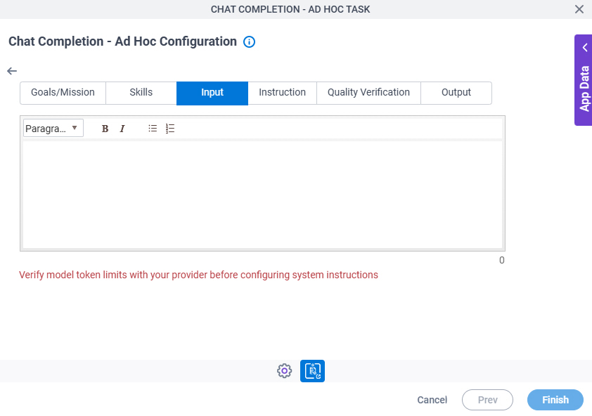 Chat Completion Ad Hoc Task Configuration System Instruction Input tab