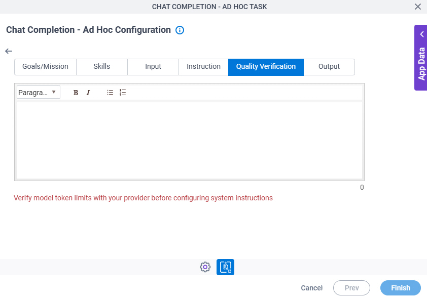 Chat Completion Ad Hoc Task Configuration System Instruction Quality Verification tab