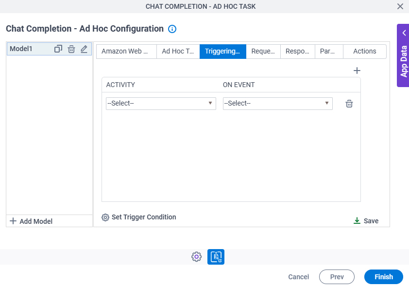 Chat Completion Ad Hoc Task Configuration Triggering Event tab