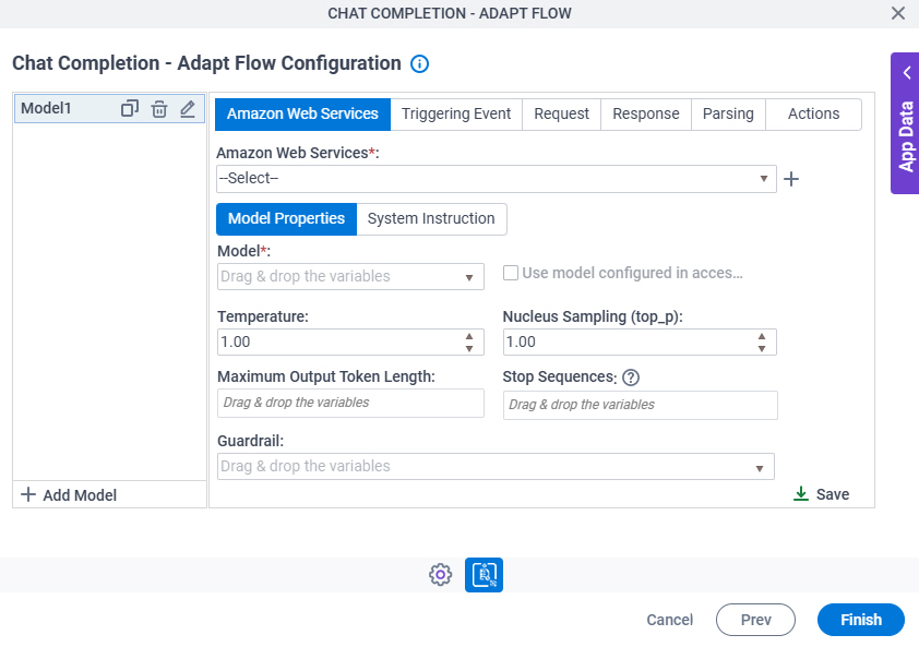 Chat Completion Adapt Flow Configuration Amazon Web Services Properties tab