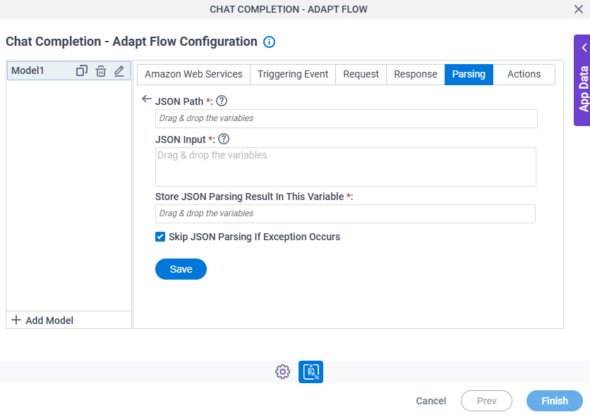 Chat Completion Configuration Adapt Flow Parsing JSON Parsing screen