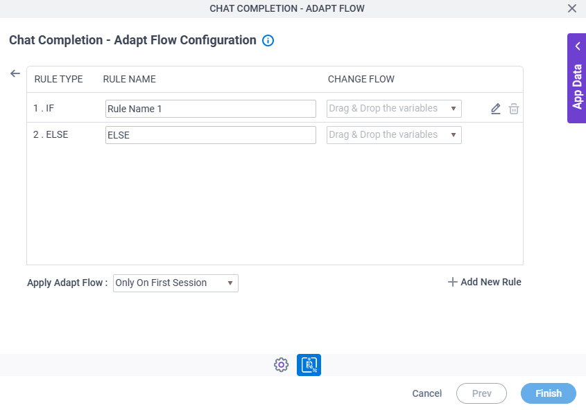 Chat Completion Adapt Flow Configuration Actions Set Action Trigger Condition screen
