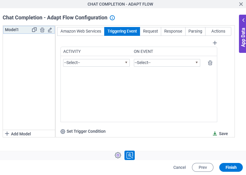 Chat Completion Adapt Flow Configuration Triggering Event tab