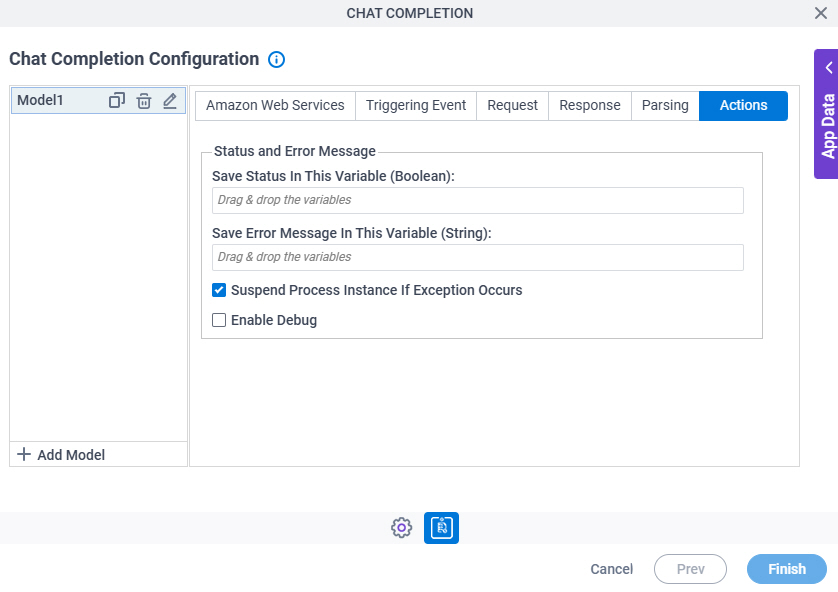 Chat Completion Configuration Actions tab