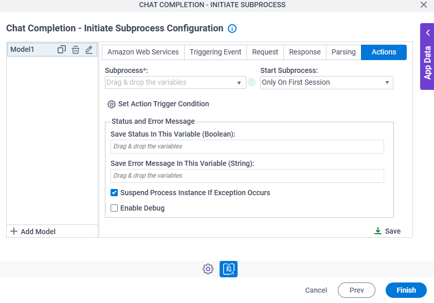Chat Completion Initiate Subprocess Configuration Actions tab