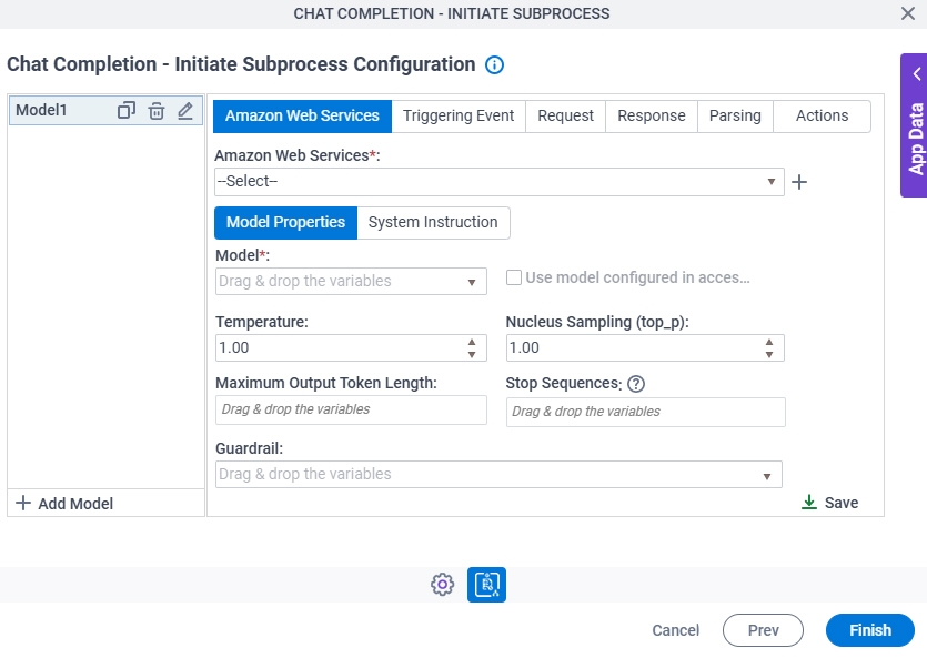 Chat Completion Adapt Flow Configuration Amazon Web Services Model Properties tab