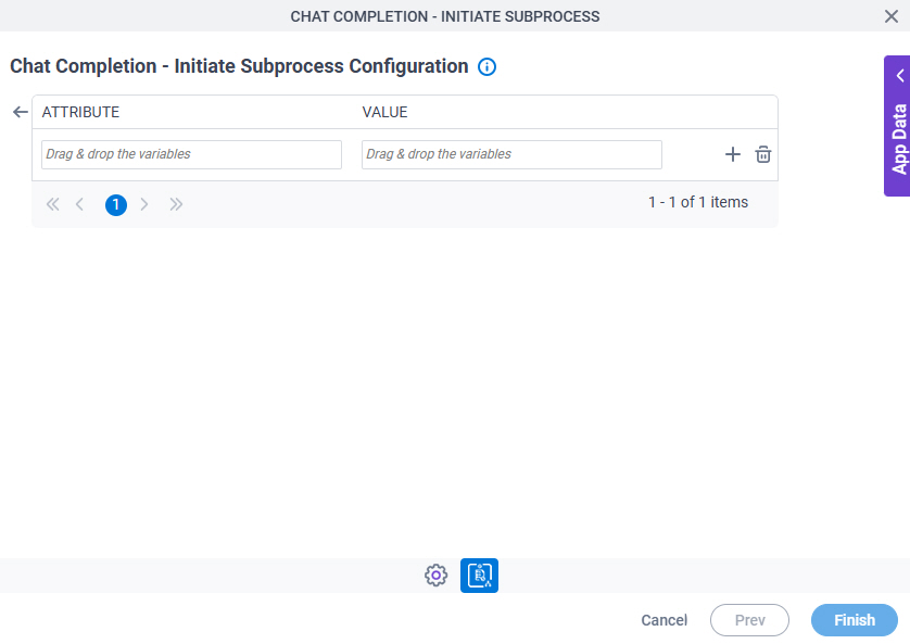 Chat Completion Initiate Subprocess Configuration Additional Actions tab Initial Attributes screen