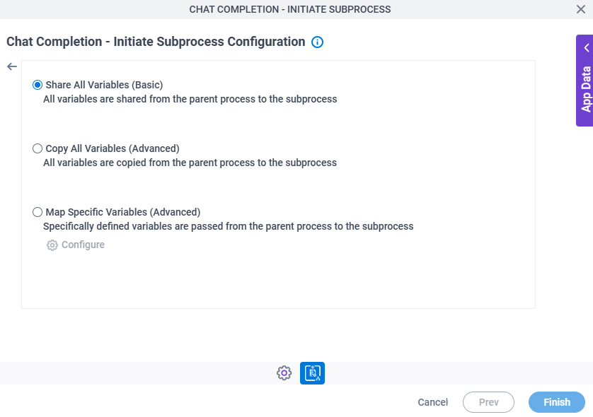 Chat Completion Initiate Subprocess Configuration Additional Actions tab Mapping Variables