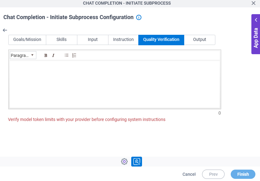 Chat Completion Initiate Subprocess Configuration System Instruction Quality Verification tab