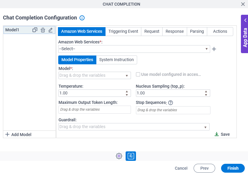 Chat Completion Configuration Amazon Web Services Model Properties tab