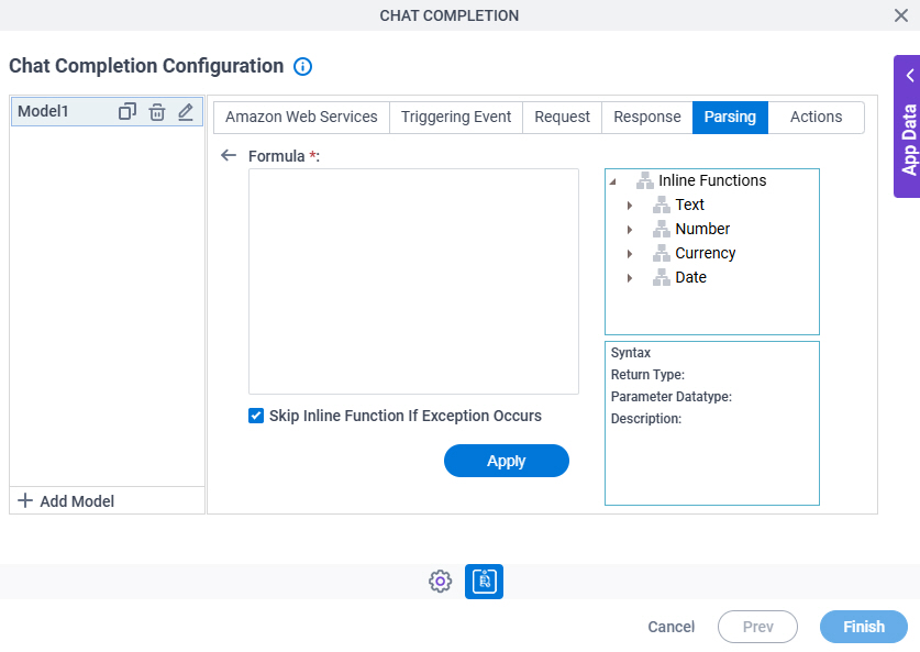 Chat Completion Configuration Parsing Inline Functions screen