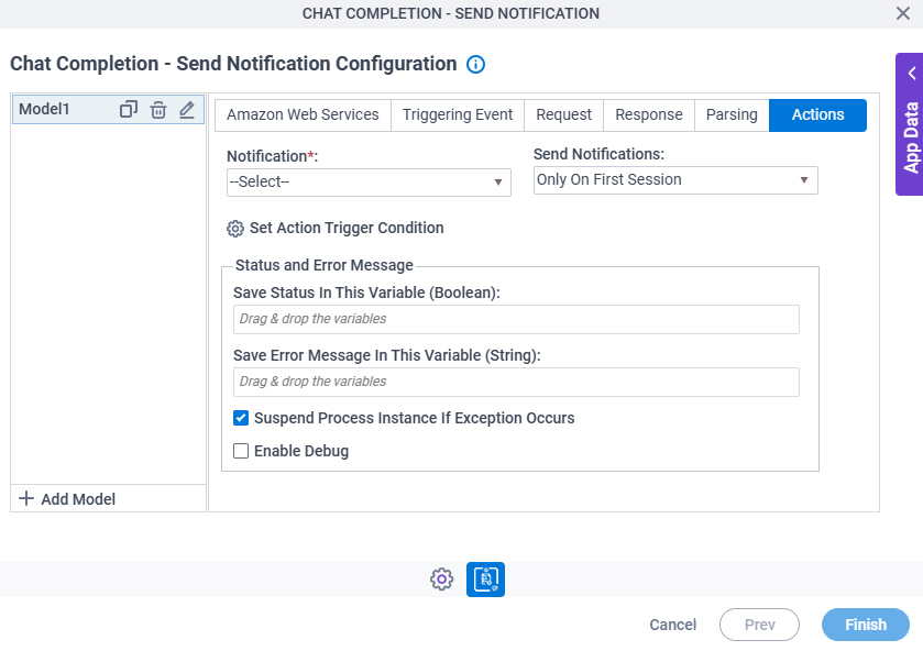Chat Completion Send Notification Configuration Actions tab