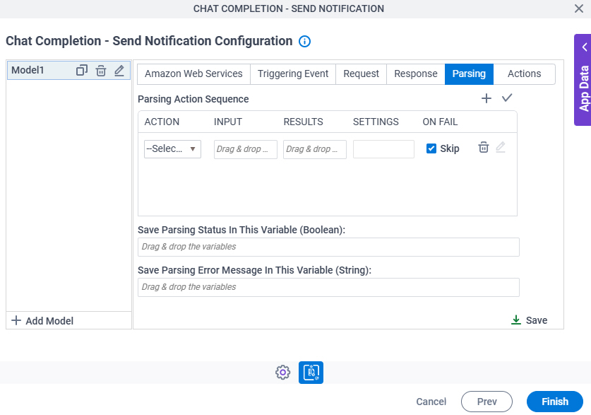 Chat Completion Send Notification Configuration Parsing tab