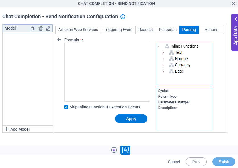 Chat Completion Send Notification Configuration Parsing Inline Functions screen