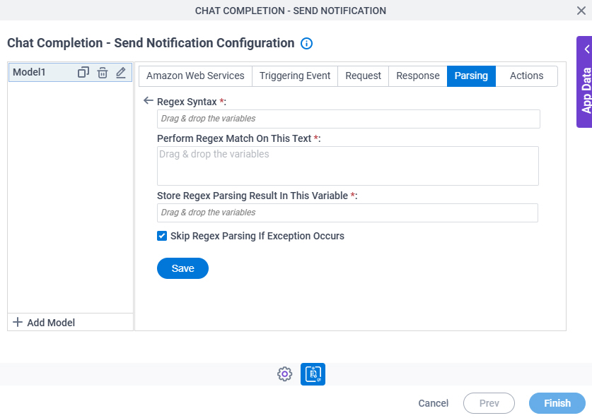 Chat Completion Send Notification Configuration Parsing Regex Parsing screen