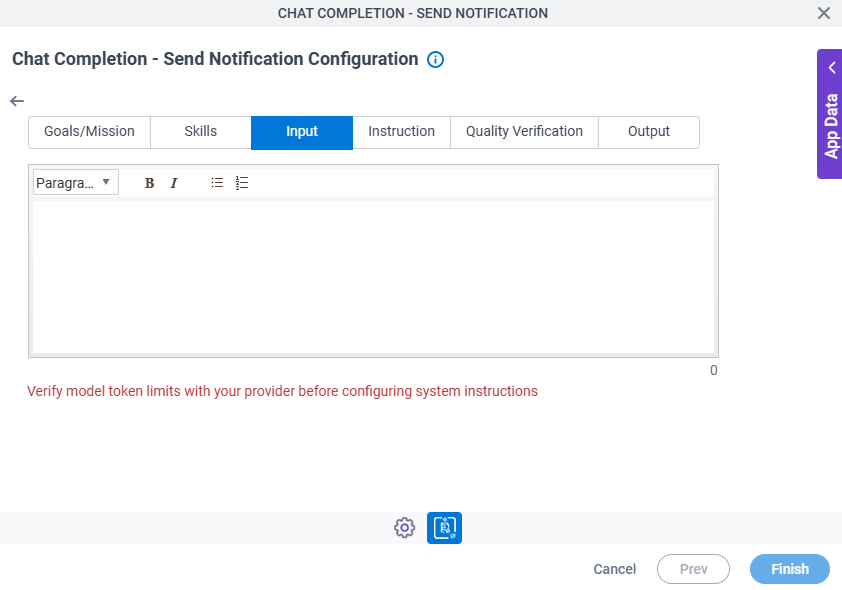 Chat Completion Send Notification Configuration System Instruction Input tab