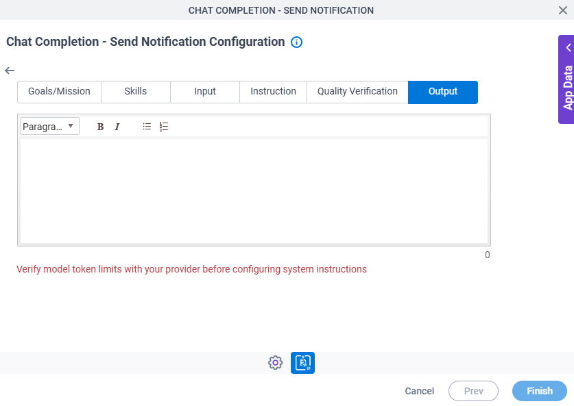 Chat Completion Send Notification Configuration System Instruction Output tab