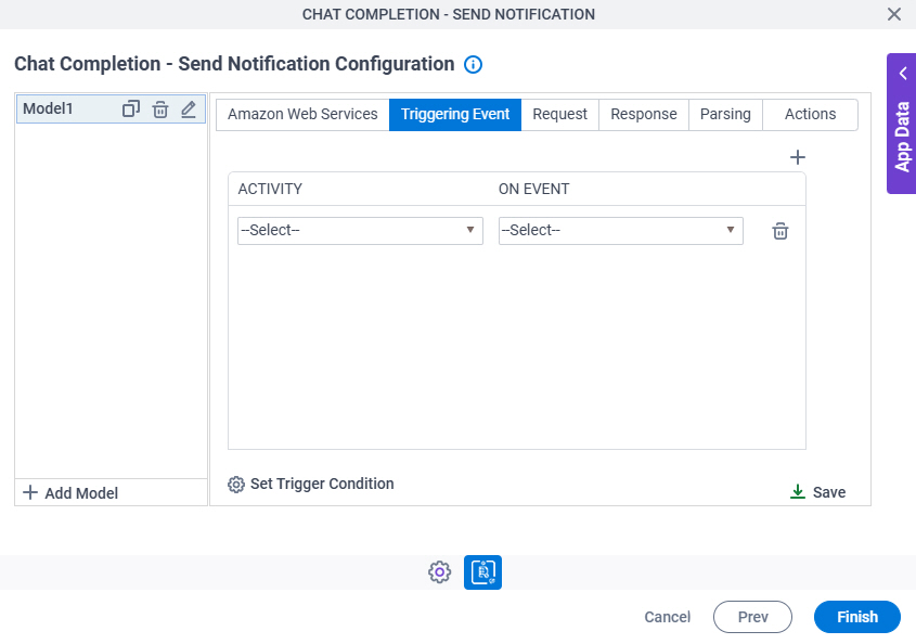 Chat Completion Send Notification Configuration Triggering Event tab