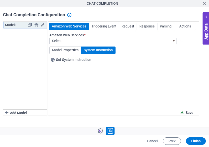 Chat Completion Configuration Amazon Web Services System Instruction tab