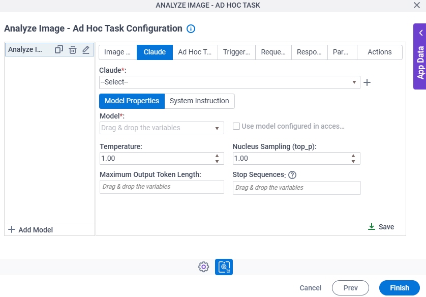 Analyze Image Ad Hoc Task Configuration Claude Model Properties tab