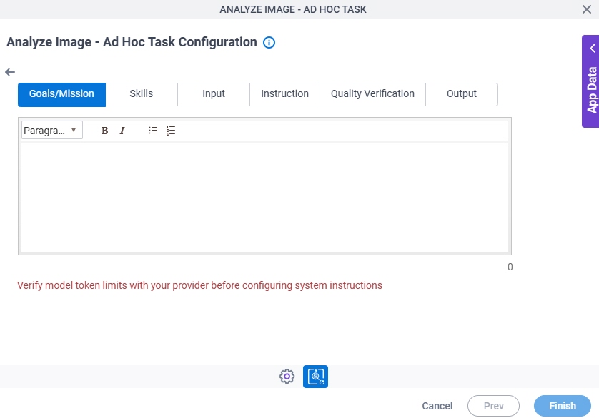 Analyze Image Ad Hoc Task Configuration System Instruction Goals Mission tab
