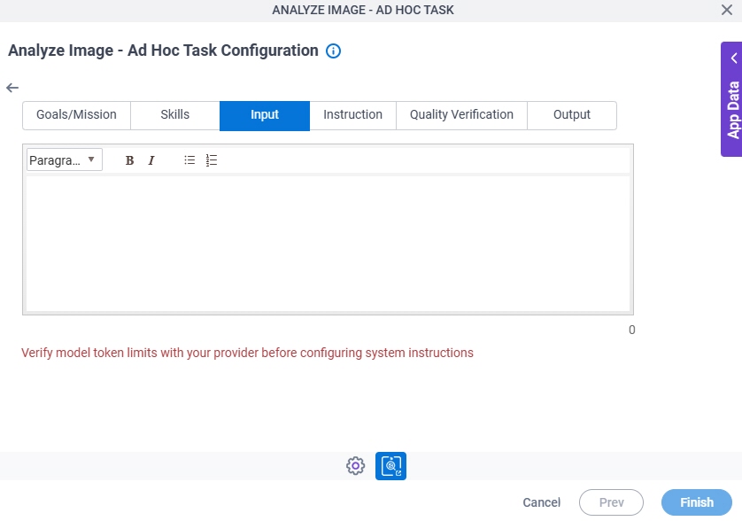 Analyze Image Ad Hoc Task Configuration System Instruction Input tab