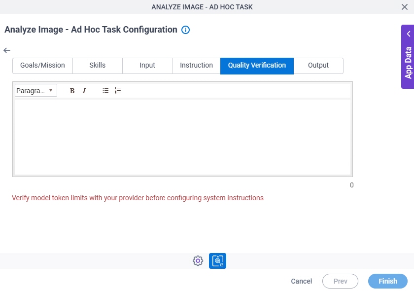 Analyze Image Ad Hoc Task Configuration System Instruction Quality Verification tab