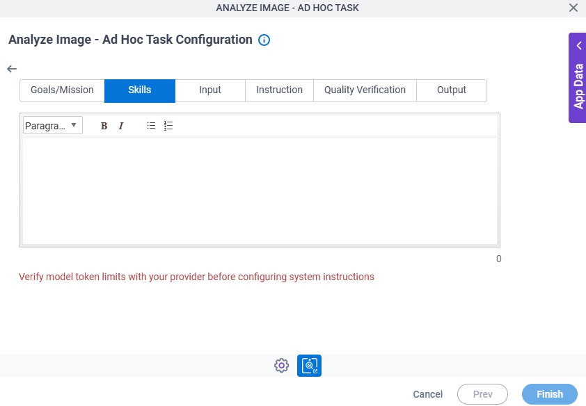 Analyze Image Ad Hoc Task Configuration System Instruction Skills tab