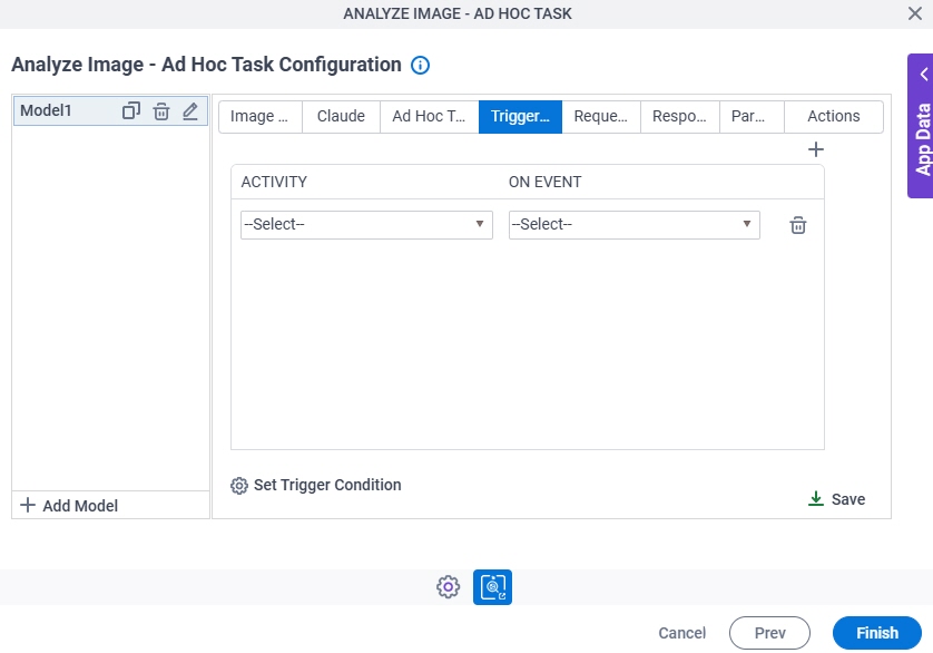 Analyze Image Ad Hoc Task Configuration Triggering Event tab