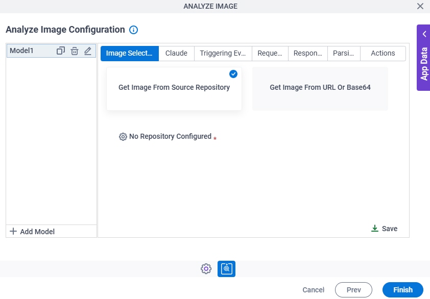 Analyze Image Configuration Image Selection tab