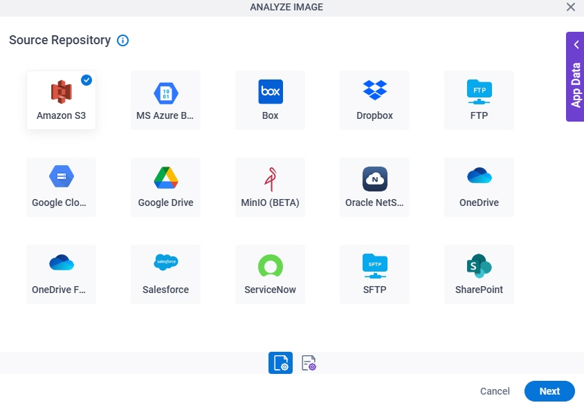 Analyze Image Configuration Image Selection Source Repository screen