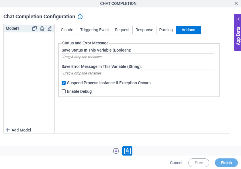Chat Completion Configuration Actions tab